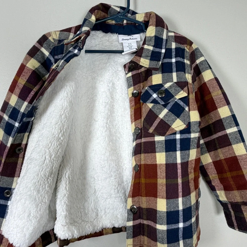 Tommy Bahama Kids 3T Plaid Flannel Shirt Jacket Fleece Lined Burgundy Navy NWT